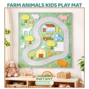 May include: A children's felt play mat with a farmyard design. The mat has a green background with a grey road, trees, and various farm animals. A barn, tractor, and the text "FARM ANIMALS KIDS PLAY MAT" are also visible.