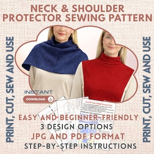 May include: A sewing pattern for a neck and shoulder protector, featuring two women wearing blue and red versions. The image includes the text "Neck & Shoulder Protector Sewing Pattern," "Instant Download," and "Easy and Beginner-Friendly."