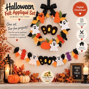 Pode incluir: Um conjunto de moldes de costura em feltro para o Halloween com modelos para uma guirlanda e um festão. O design inclui fantasmas brancos, abóboras laranja, letras 'BOO' pretas e folhas coloridas. O texto inclui 'Halloween Felt Appliqué Set'.