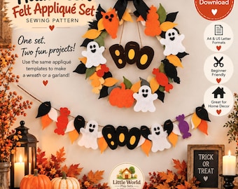 Halloween Felt Garland Pattern PDF, Felt Wreath Pattern, Easy Felt Pattern, Beginner Sewing, Halloween Decor Applique Digital Download