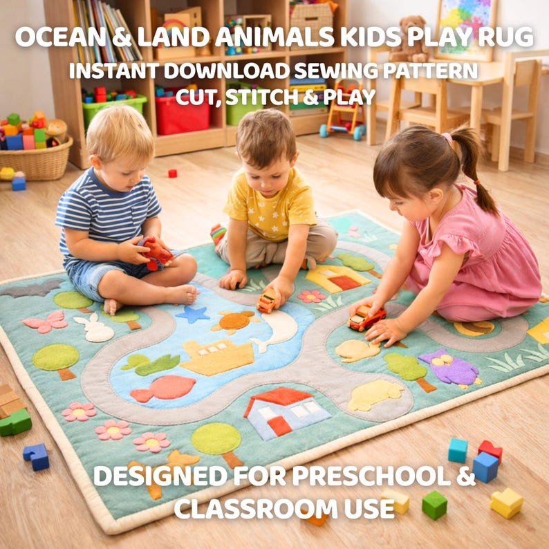Ocean & Land Animals Kids Play Rug Sewing Pattern, DIY Play Mat PDF, Cut and Sew Felt or Fabric Rug (Digital Download)