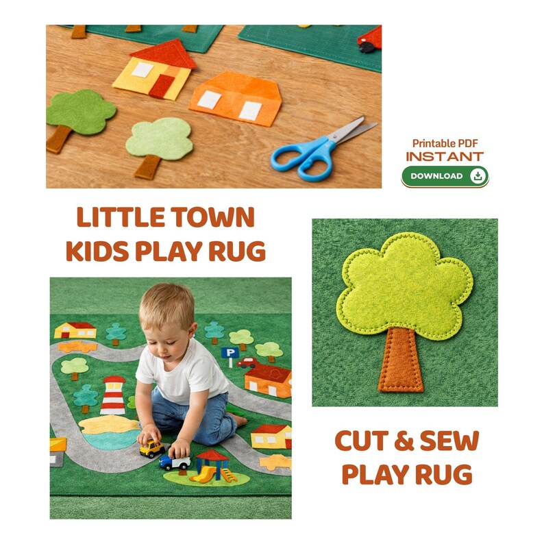 Little Town Kids Play Rug Sewing Pattern, DIY Play Mat PDF, Cut and Sew Felt or Fabric Play Rug (Digital Download)