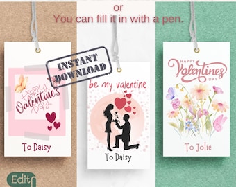 May include: Nine printable Valentine's Day gift tags with editable text. The tags feature a pink and white color scheme with hearts, flowers, and butterflies. The text on the tags includes "Happy Valentine's Day", "be my valentine", and "To Daisy".