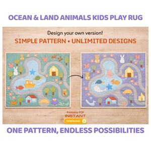 May include: Two colorful kids' play rugs with ocean and land animal designs. One rug is green with a yellow boat, fish, and houses. The other is purple with an octopus, whale, and houses. The rugs have roads, trees, and animal illustrations.