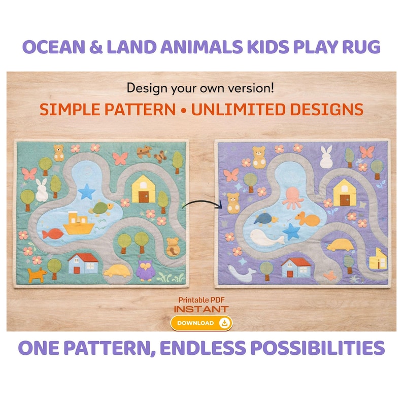 May include: Two colorful kids' play rugs with ocean and land animal designs. One rug is green with a yellow boat, fish, and houses. The other is purple with an octopus, whale, and houses. The rugs have roads, trees, and animal illustrations.
