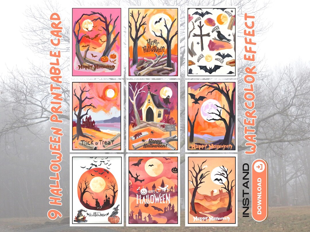 Watercolor Halloween Card Collection: Spooky Gothic Greeting Cards ...