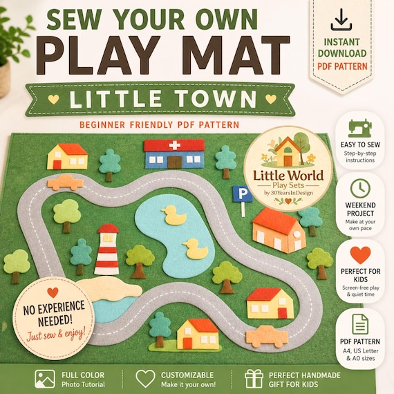Little Town Play Mat Sewing Pattern, Kids Play Rug, Felt & Fabric Activity Mat, Customizable Design, City Theme Easy Project