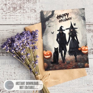 Set de cartes-cadeaux d'Halloween effrayantes avec une touche gothique - Cartes de voeux joyeux Halloween et drôles à imprimer, lot de cartes de voeux Halloween gothiques