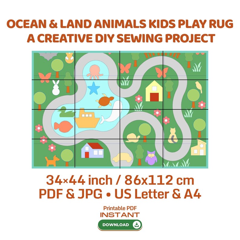 May include: A colorful kids' play rug featuring an ocean and land animal theme. The rug measures 34x44 inches and includes a road, water features, and various animal illustrations. The text on the image reads "Ocean & Land Animals Kids Play Rug" and "A Creative DIY Sewing Project."