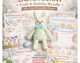 Easter Printable Kids Activity, Last Minute Easter Gift, Bunny Sewing Pattern, DIY Craft Bundle, Instant Download 25+ Pages