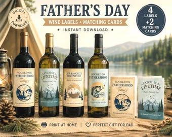 Printable Father’s Day Whiskey & Wine Label with Matching Card, Last Minute Fishing Gift for Dad Grandpa, PDF (Digital Download)