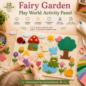 May include: A Fairy Garden Play World activity panel featuring felt shapes including a fairy, toadstool house, rabbit, frog, snail, and tree. The set includes 20 movable felt pieces, two background panels, and a step-by-step illustrated sewing guide.