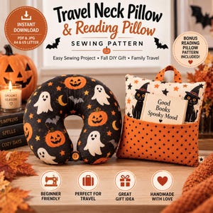 Travel Neck Pillow Sewing Pattern with Bonus Reading Pillow, Easy Sewing Project, Fall DIY Gift, Family Travel PDF Download