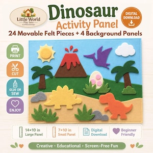 May include: A digital download dinosaur activity panel set featuring 24 movable felt pieces and 4 background panels. The set includes a volcano, sun, clouds, palm trees, a dinosaur egg, and various dinosaurs. Large panels measure 14x10 inches.