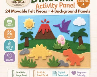 Dinosaur Sewing Pattern with 24 Felt Dinosaur Pieces for a Story World Activity Panel, Beginner Friendly Kids Craft (Digital Download)