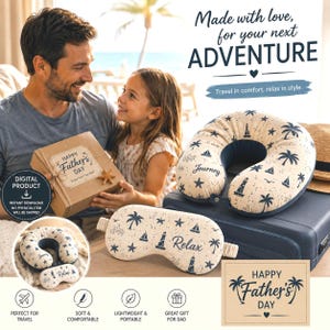 Könnte beinhalten: Ein Geschenkset zum Vatertag mit einem Reisekissen, einer Augenmaske und einer Geschenkbox. Die Reiseaccessoires sind beige mit marineblauen Akzenten und einem nautischen Design. Die Geschenkbox ist braun.