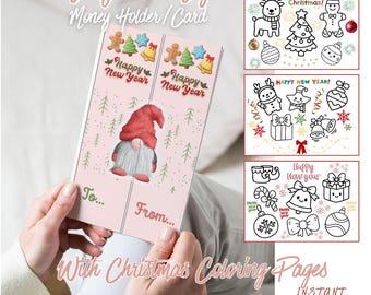 Christmas Tri-Fold Money Gift Holder or Card and Coloring Pages Set | Printable Cash Gift Card with DIY Pocket | PDF & JPG