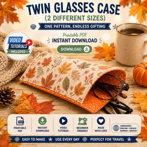 Twin Glasses Case Sewing Pattern, Holds 2 Glasses PDF, Beginner Friendly,Multi Language Video Tutorial, Last minute Gift