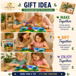 May include: A felt activity panel set featuring a dinosaur adventure theme with colorful felt shapes including a volcano, palm trees, and various dinosaurs. The set includes a box labeled Activity Panel Dinosaur Adventure and instructions for interactive play.