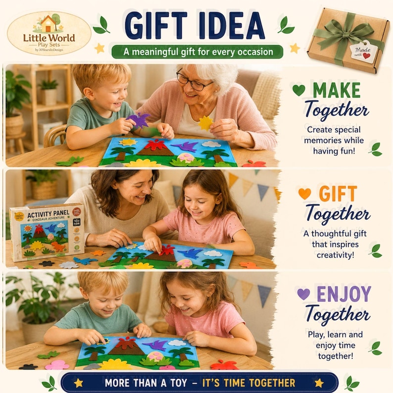May include: A felt activity panel set featuring a dinosaur adventure theme with colorful felt shapes including a volcano, palm trees, and various dinosaurs. The set includes a box labeled Activity Panel Dinosaur Adventure and instructions for interactive play.