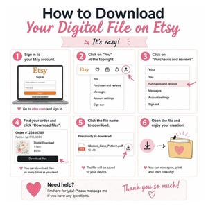 May include: A step-by-step guide on how to download a digital file on Etsy. The graphic includes screenshots and instructions, such as signing in, clicking on "You", and finding the download link. The text is in pink and black.
