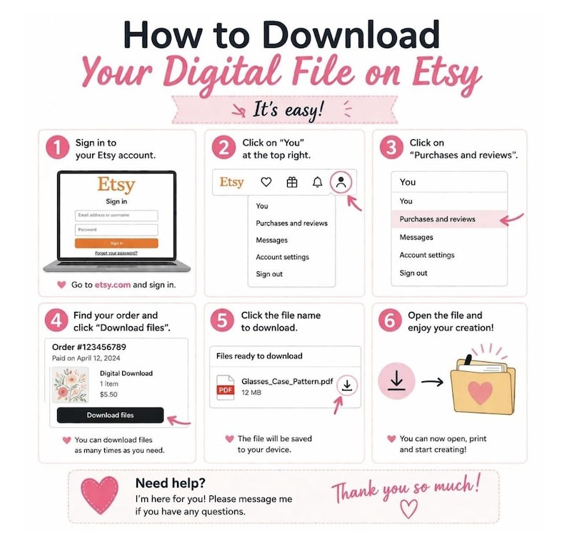 May include: A step-by-step guide on how to download a digital file on Etsy. The graphic includes screenshots and instructions, such as signing in, clicking on "You", and finding the download link. The text is in pink and black.