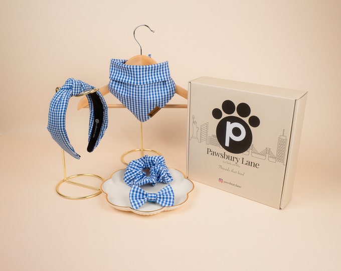 Matching Pet and Owner:  Bandana, Bowtie, Knot Headband and Scrunchie - Blue Gingham