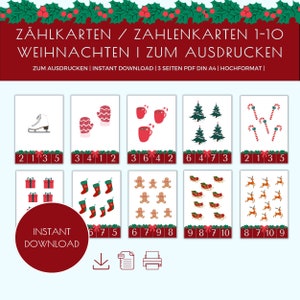 Kerstnummerkaarten 1-10 winter | Kerst-winterleerspel voor peuters | Digitale download-PDF | Kaarten knippen