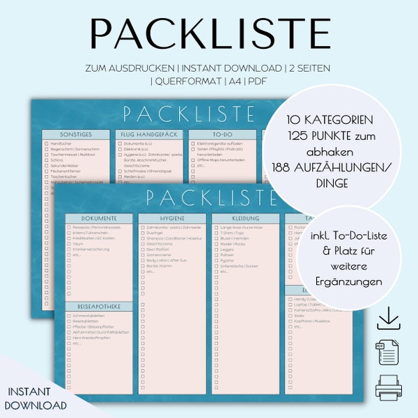 Ultimative Packliste für jeden Urlaub Packliste Deutsch Instant Download Ausdrucken | Digitale Packliste Fernreise | Packliste Auslandsjahr