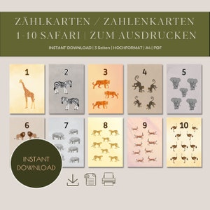 Cartes numériques de téléchargement numérique 1-10 avec Safari Animals Africa Design | Cartes mémoire imprimables pour les tout-petits