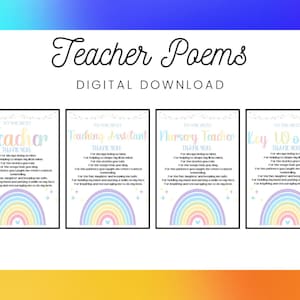Könnte beinhalten: Vier druckbare Gedichtkarten mit Regenbogen-Designs und Text, der lautet "An den besten Lehrer Danke", "An den besten Lehrassistenten Danke", "An den besten Kindergartenlehrer Danke" und "An den besten Schlüsselarbeiter Danke".