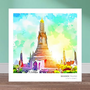 Temple Wat Arun (Thaïlande) | Aquarelle imprimable x Art numérique de style animé | Art mural | PRODUIT NUMÉRIQUE