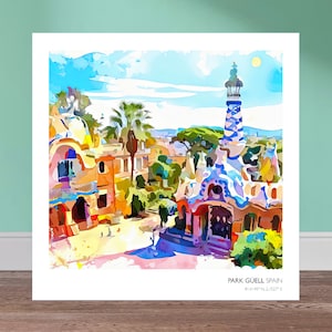 Park Güell (Barcelona) Printable | Aquarell x Animierte Stil Digitale Kunst | Wandkunst | DIGITALES PRODUKT
