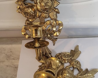 Vintage Dainty Brass Floral and Bow designed Wall Candle Holders set of 2
