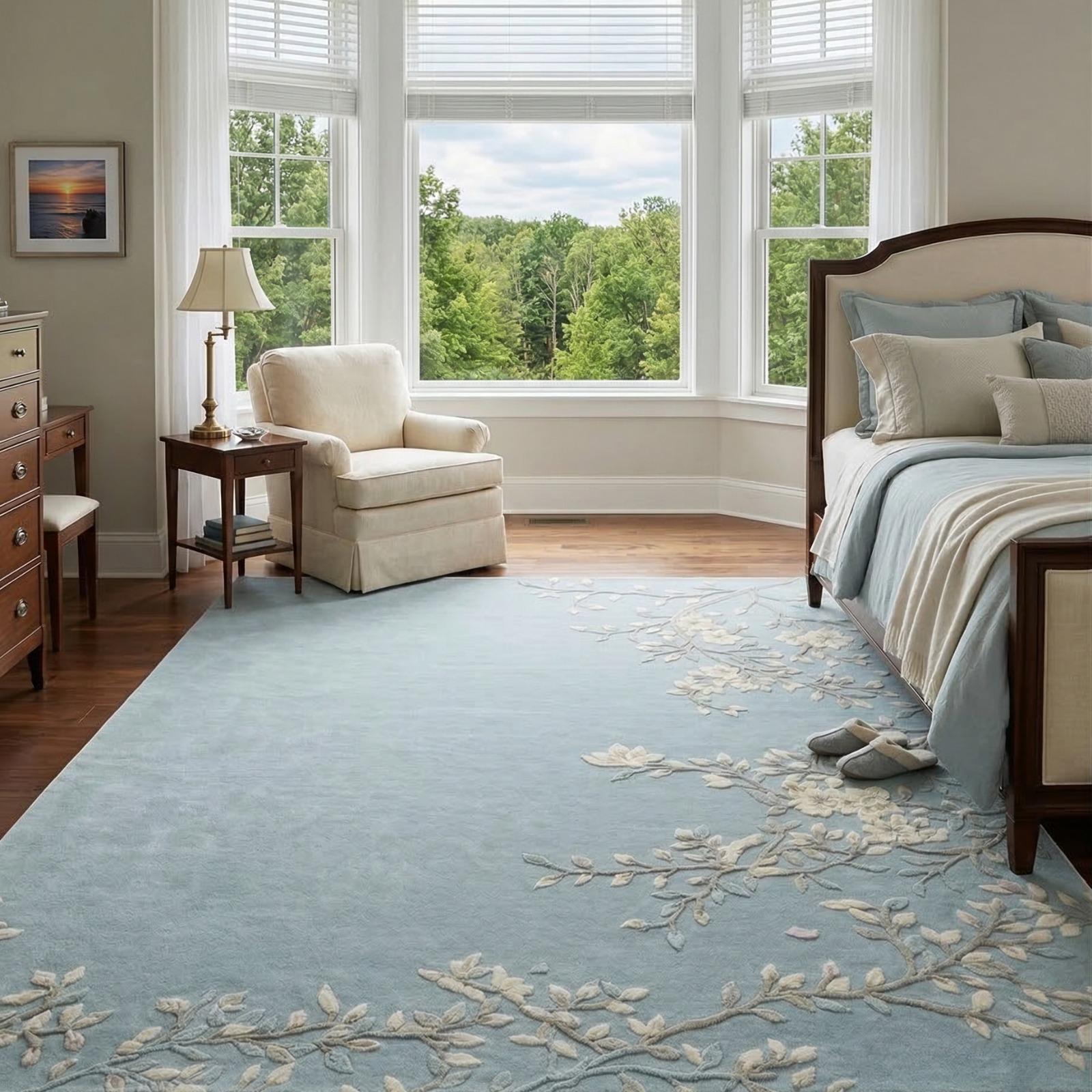 Fairview Spring Blue Rug Light Blue Floral Branch Area Rug Textured Tufted Blossoms Spring ...