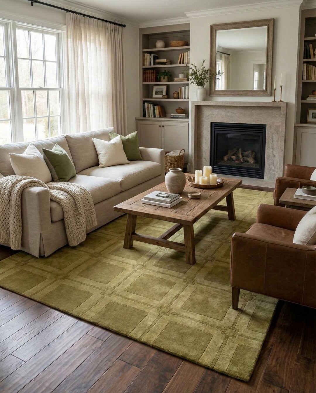 Hand Tufted Wool Rug – Grid Design, Olive Green, Muted Yellow, Plush ...
