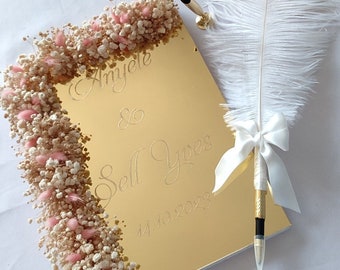 Personalized Gold Wedding Guest Book, Wedding Book, Ostrich Feather Pen, Wedding Memory Book, Nikkah Pen, Wedding Pen, Custom Acrylic Mirror