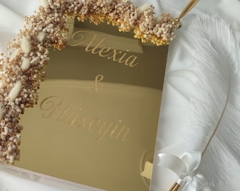 Personalized Gold Wedding Guest Book | Luxury Wedding Book and Pen with Ostrich Feather | Modern Guest Book Sign | Acrylic Wedding Guestbook