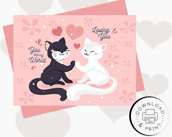 Alles Gute zum Valentinstag druckbare Karte / Sofort Download PDF / Kartenvorlage, Valentinstag Karte mit Katze, Romantisches Paar Andenken