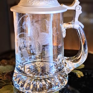 Beer mug with pewter lid, beer stein, collectible glass, hand-cut, mouth-blown. Made in W. Germany