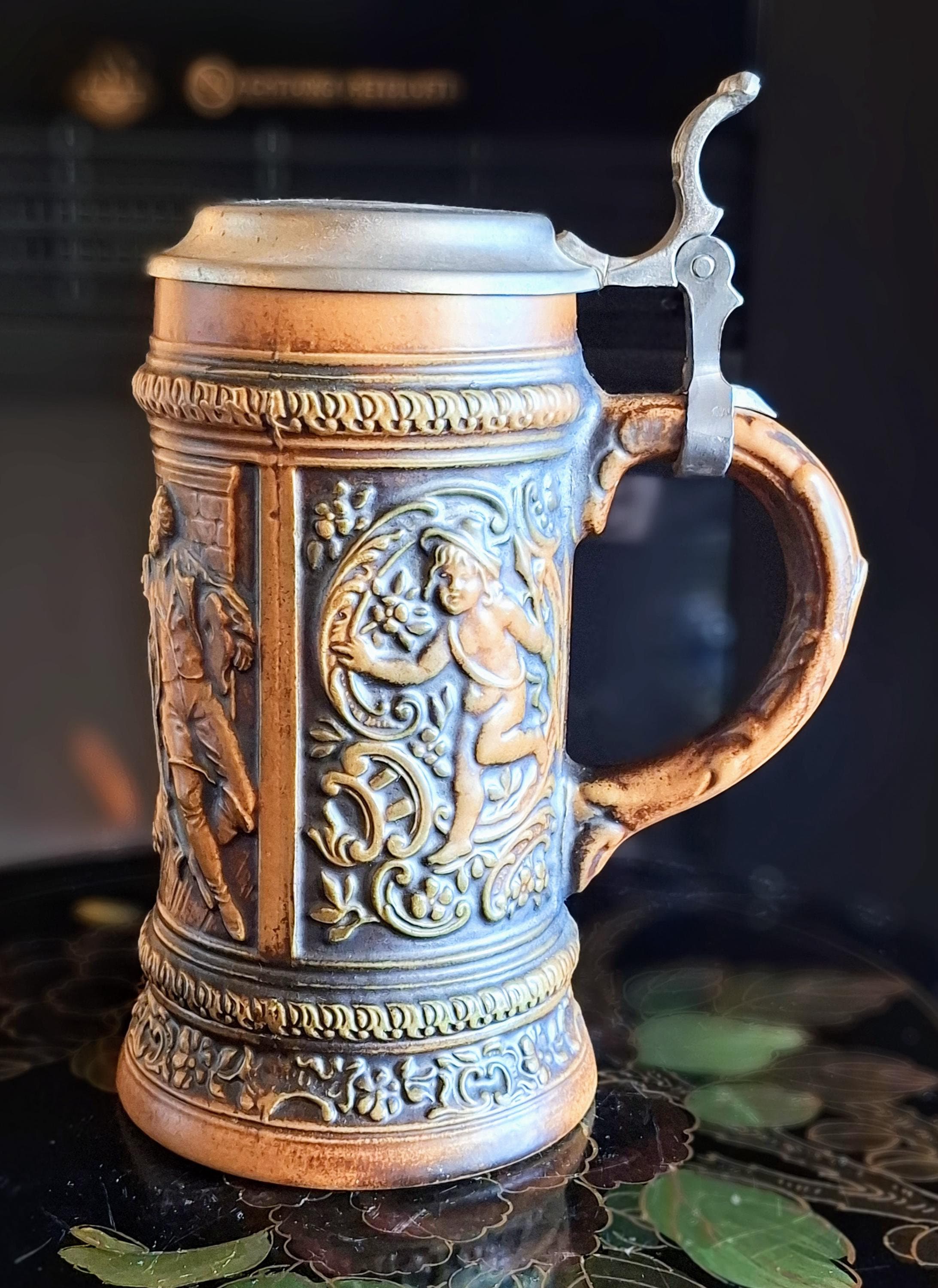 Old Gerz Ceramic Beer Mug With Pewter Lid. Hunting Motif, 0.5L