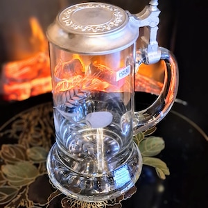 Rastal beer mug with pewter lid, collectible stein, hand-cut, mouth-blown crystal glass. Made in W. Germany.