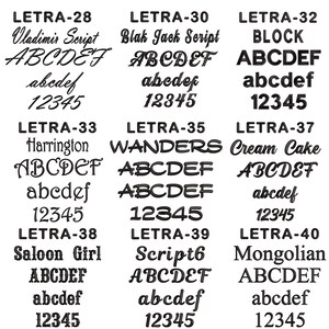 May include: A graphic displaying 10 different font styles, each featuring the text "ABCDEF" and "abcdef" in uppercase and lowercase letters, followed by the numbers "12345". Each font style is labelled with a name and a number, for example, "Vladimir Script" and "LETRA-28".
