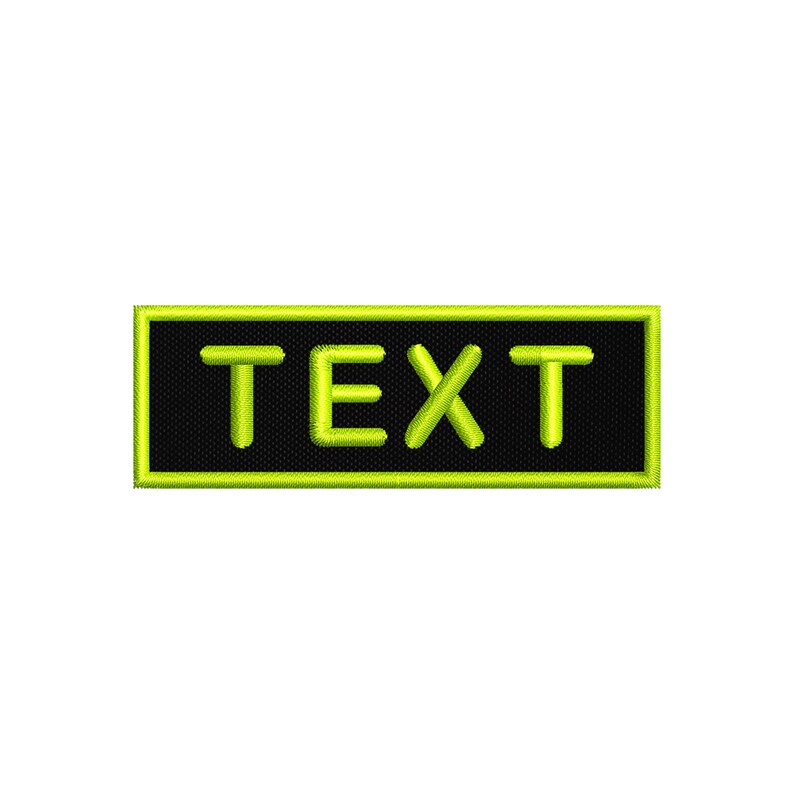 May include: A black rectangular patch with a bright green border. The text "TEXT" is embroidered in bright green on the patch.