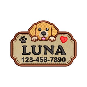 Op de afbeelding: Geborduurde huisdierlabel met een bruine hond. Het rechthoekige, bruine en bruine label heeft de naam "LUNA", een pootafdruk, een rood hart en een telefoonnummer.