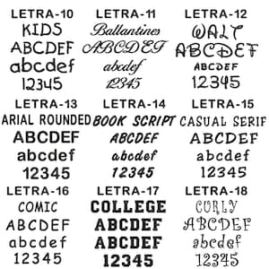 May include: A chart displaying 10 different font styles, each labelled with a number and a descriptive name. The words "ABCDEF" and "abcdef" are shown in uppercase and lowercase letters, followed by the numbers "12345". The font styles include "Kids", "Ballantines", "WALT", "Arial Rounded", "Book Script", "Casual Serif", "Comic", "College", and "Curly".