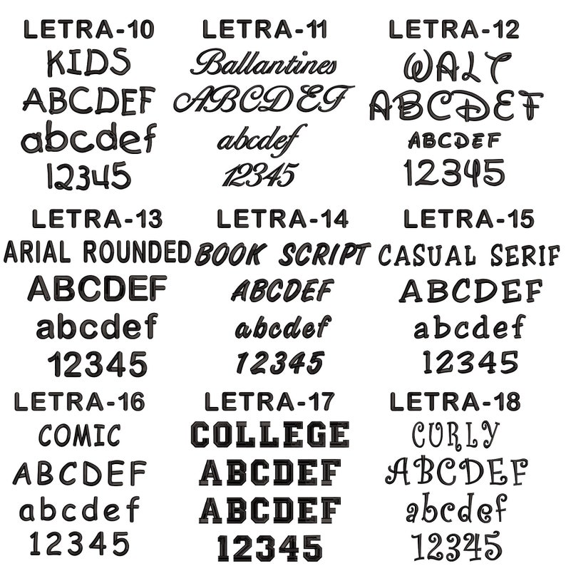 May include: A chart displaying 10 different font styles, each labelled with a number and a descriptive name. The words "ABCDEF" and "abcdef" are shown in uppercase and lowercase letters, followed by the numbers "12345". The font styles include "Kids", "Ballantines", "WALT", "Arial Rounded", "Book Script", "Casual Serif", "Comic", "College", and "Curly".