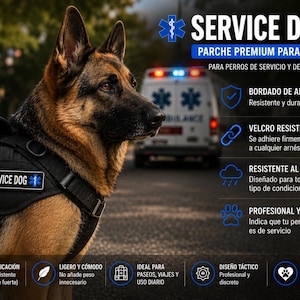 Pode incluir: Um Pastor Alemão usando uma coleira preta de cão de serviço com um patch "SERVICE DOG". A imagem inclui texto em espanhol, anunciando uma coleira premium para cães de serviço e apoio, com velcro durável e resistência às intempéries.