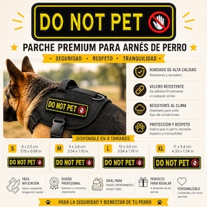 May include: Black dog harness with the text "DO NOT PET" in a yellow rectangle. The harness is available in four sizes, with measurements in inches and centimeters. Features include high-quality embroidery and weather resistance.
