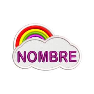 Puede incluir: Una nube blanca con un arcoíris encima. La palabra "NOMBRE" está escrita en letras moradas dentro de la nube.